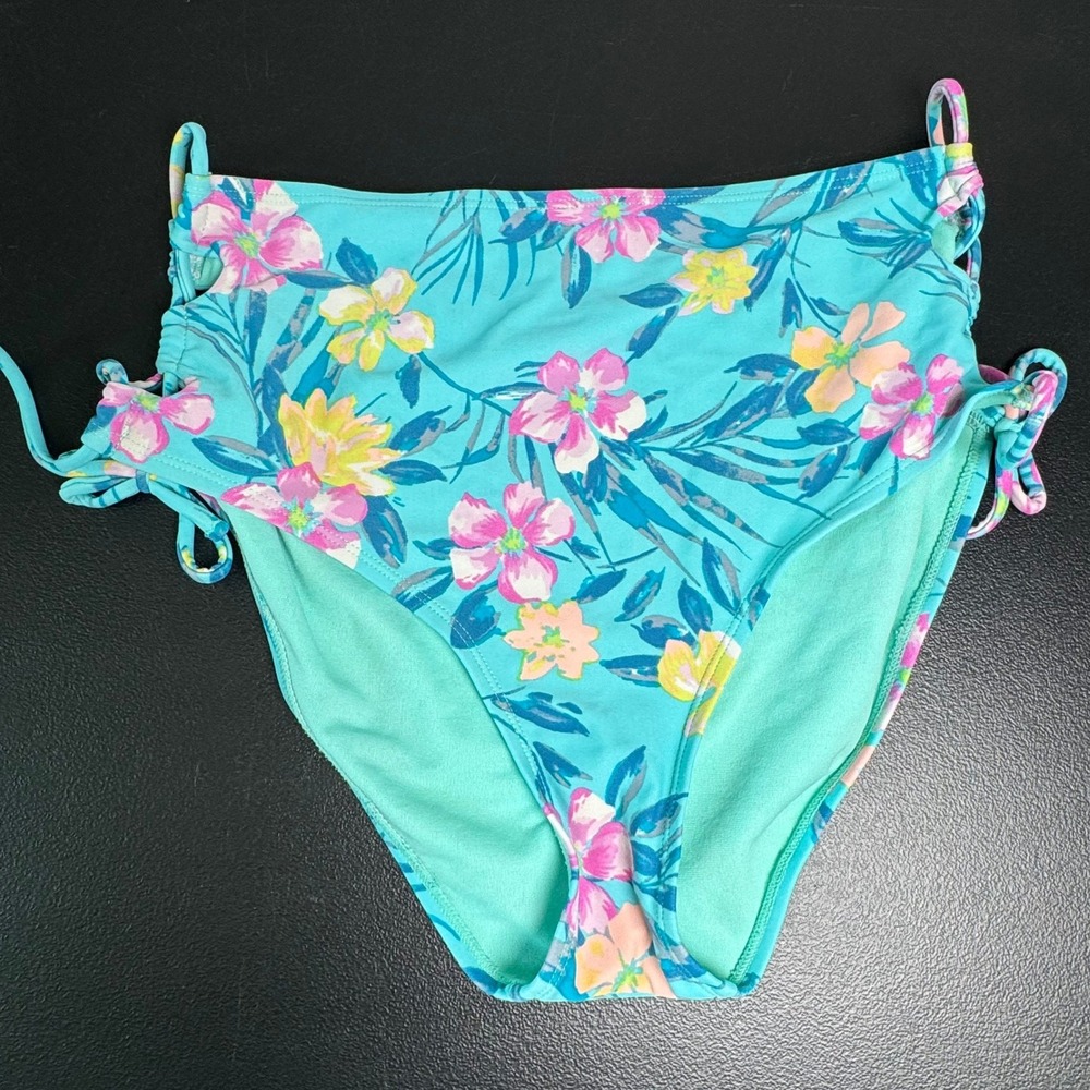 Arizona Jean Co Womens Floral High Waisted Bikini Bottoms Turquoise Pink Large